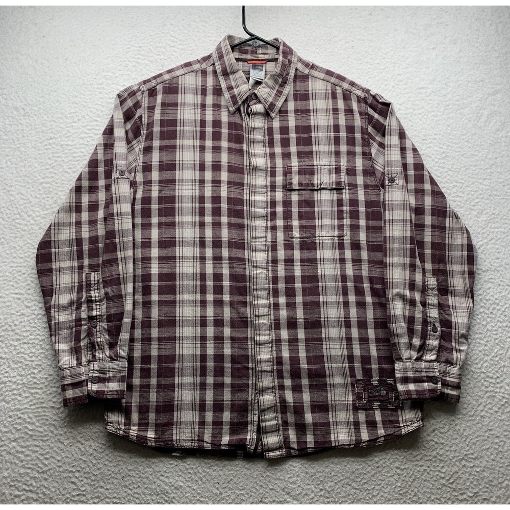 The North Face Button Up Shirt Mens Large L Maroon Gray Plaid Hiking Outdoors